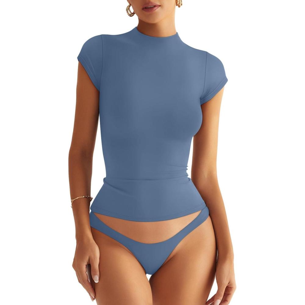 imageWomens Double Lined Mock Turtle Neck Tops Slim Fitted Cap Sleeve Shirts Going Out Tees Y2k Summer Clothes 2025Haze Blue