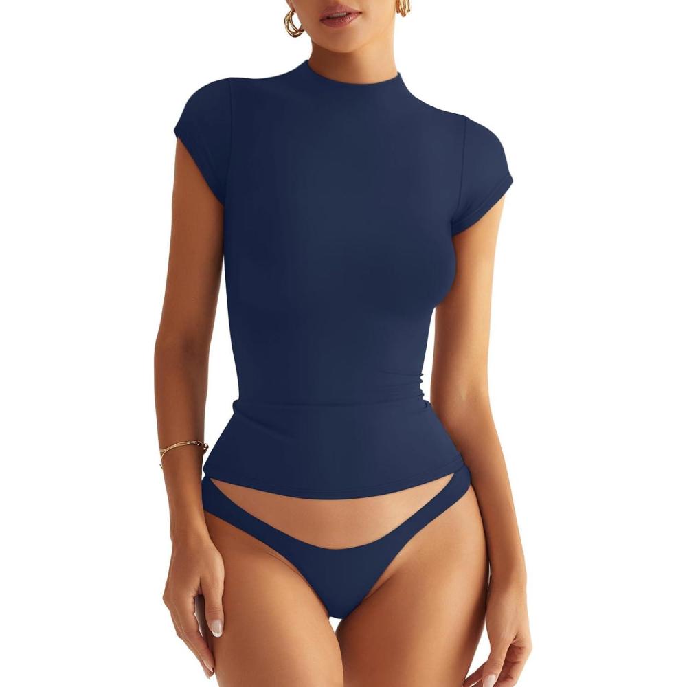 imageWomens Double Lined Mock Turtle Neck Tops Slim Fitted Cap Sleeve Shirts Going Out Tees Y2k Summer Clothes 2025Navy Blue