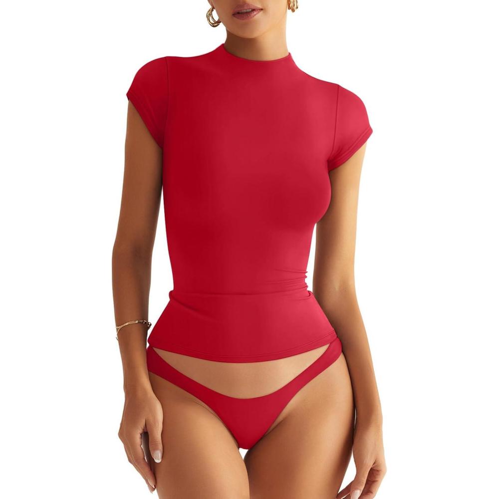 imageWomens Double Lined Mock Turtle Neck Tops Slim Fitted Cap Sleeve Shirts Going Out Tees Y2k Summer Clothes 2025Red