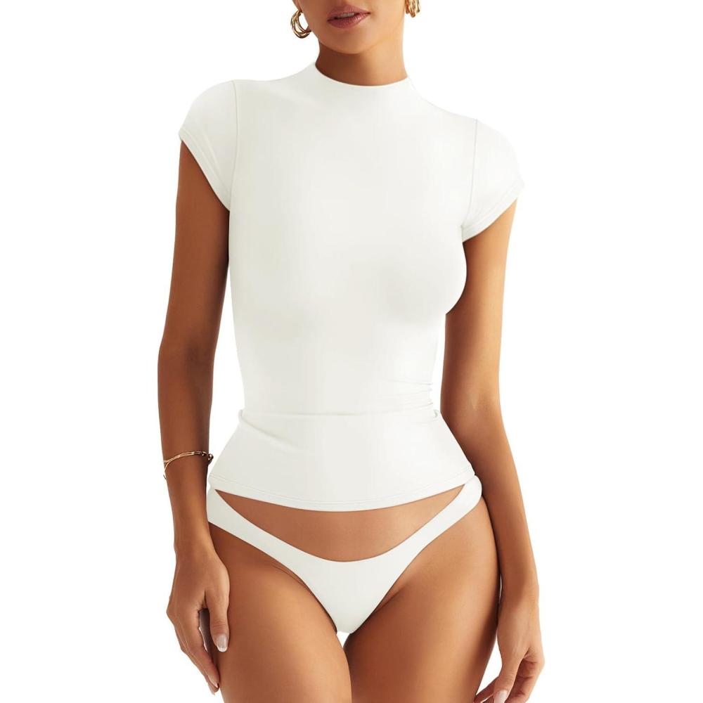 imageWomens Double Lined Mock Turtle Neck Tops Slim Fitted Cap Sleeve Shirts Going Out Tees Y2k Summer Clothes 2025White Cream