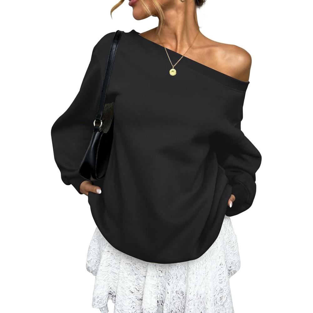 imageWomens Fleece Lined Sweatshirt Off Shoulder Long Sleeve Pullover Top Oversized Shirt Basic Slouchy Clothes 2025Black