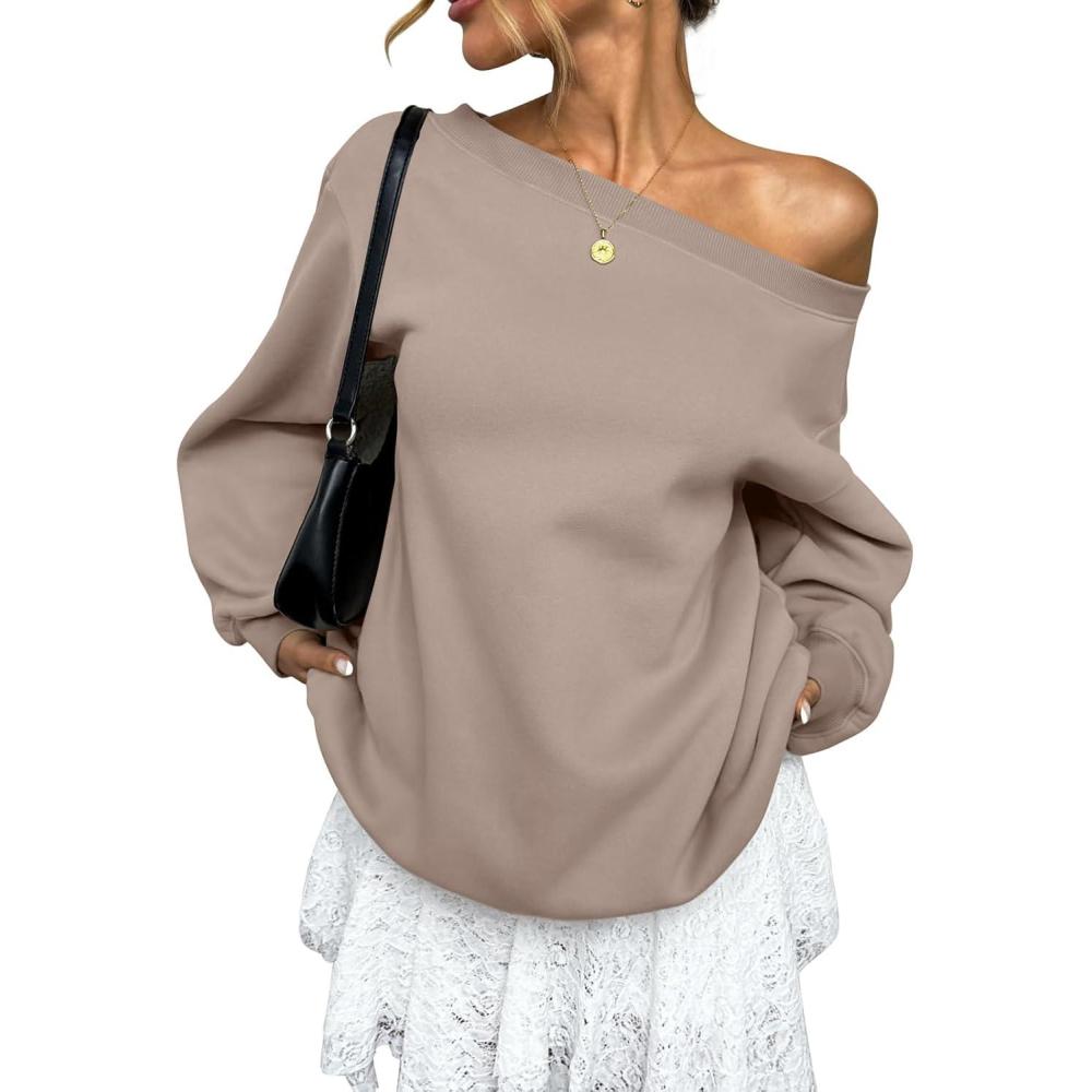 imageWomens Fleece Lined Sweatshirt Off Shoulder Long Sleeve Pullover Top Oversized Shirt Basic Slouchy Clothes 2025Coffeegrey