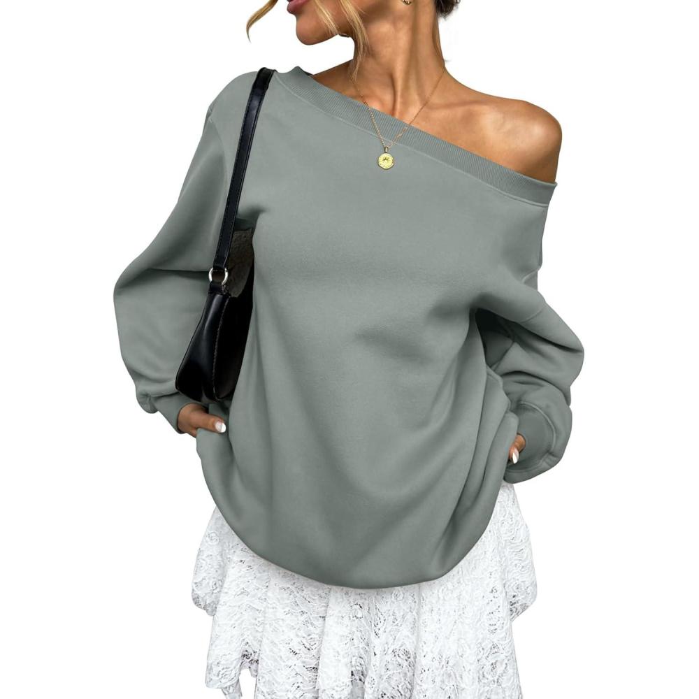 imageWomens Fleece Lined Sweatshirt Off Shoulder Long Sleeve Pullover Top Oversized Shirt Basic Slouchy Clothes 2025Dusty Green
