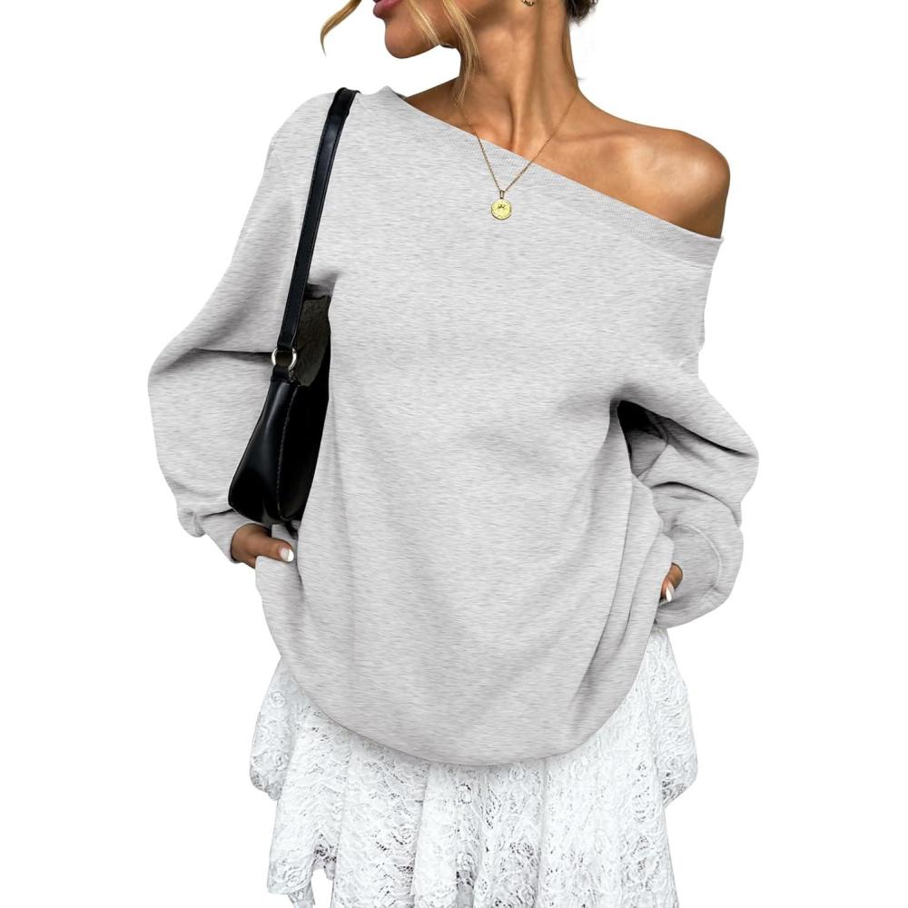 imageWomens Fleece Lined Sweatshirt Off Shoulder Long Sleeve Pullover Top Oversized Shirt Basic Slouchy Clothes 2025Gray
