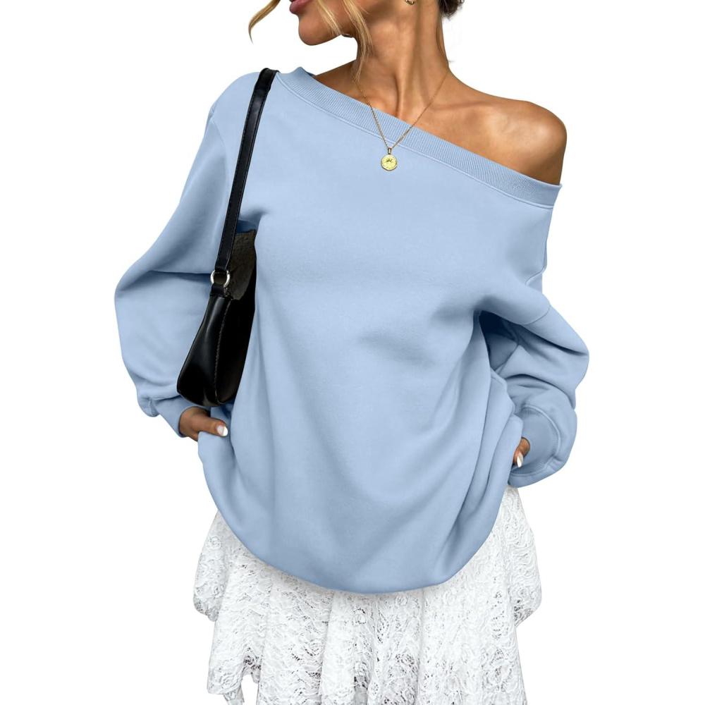 imageWomens Fleece Lined Sweatshirt Off Shoulder Long Sleeve Pullover Top Oversized Shirt Basic Slouchy Clothes 2025Light Blue