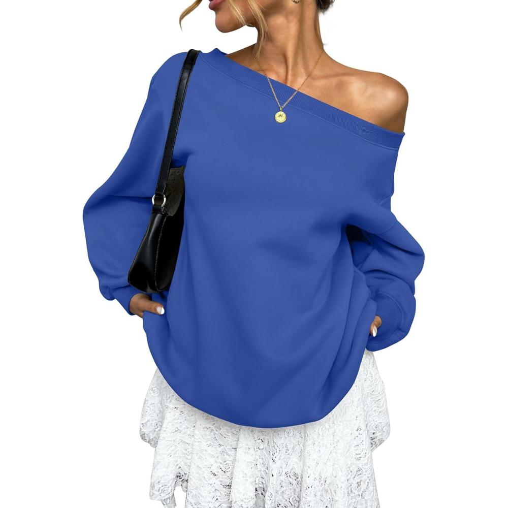 imageWomens Fleece Lined Sweatshirt Off Shoulder Long Sleeve Pullover Top Oversized Shirt Basic Slouchy Clothes 2025Royal Blue