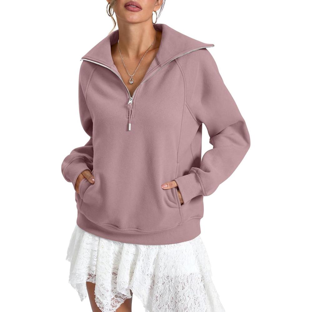 imageWomens Fleece Lined Sweatshirts Oversized Half Zip Pullover with Pocket Trendy Long Sleeve Tops Outfits ClothesDark Pink