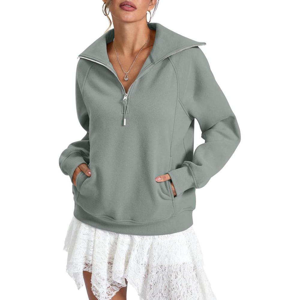 imageWomens Fleece Lined Sweatshirts Oversized Half Zip Pullover with Pocket Trendy Long Sleeve Tops Outfits ClothesDusty Green