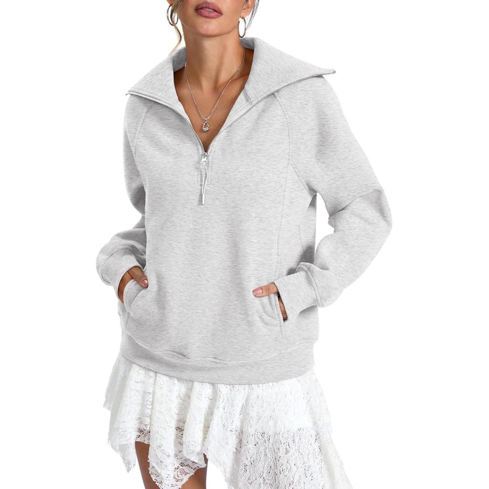 imageWomens Fleece Lined Sweatshirts Oversized Half Zip Pullover with Pocket Trendy Long Sleeve Tops Outfits ClothesGray