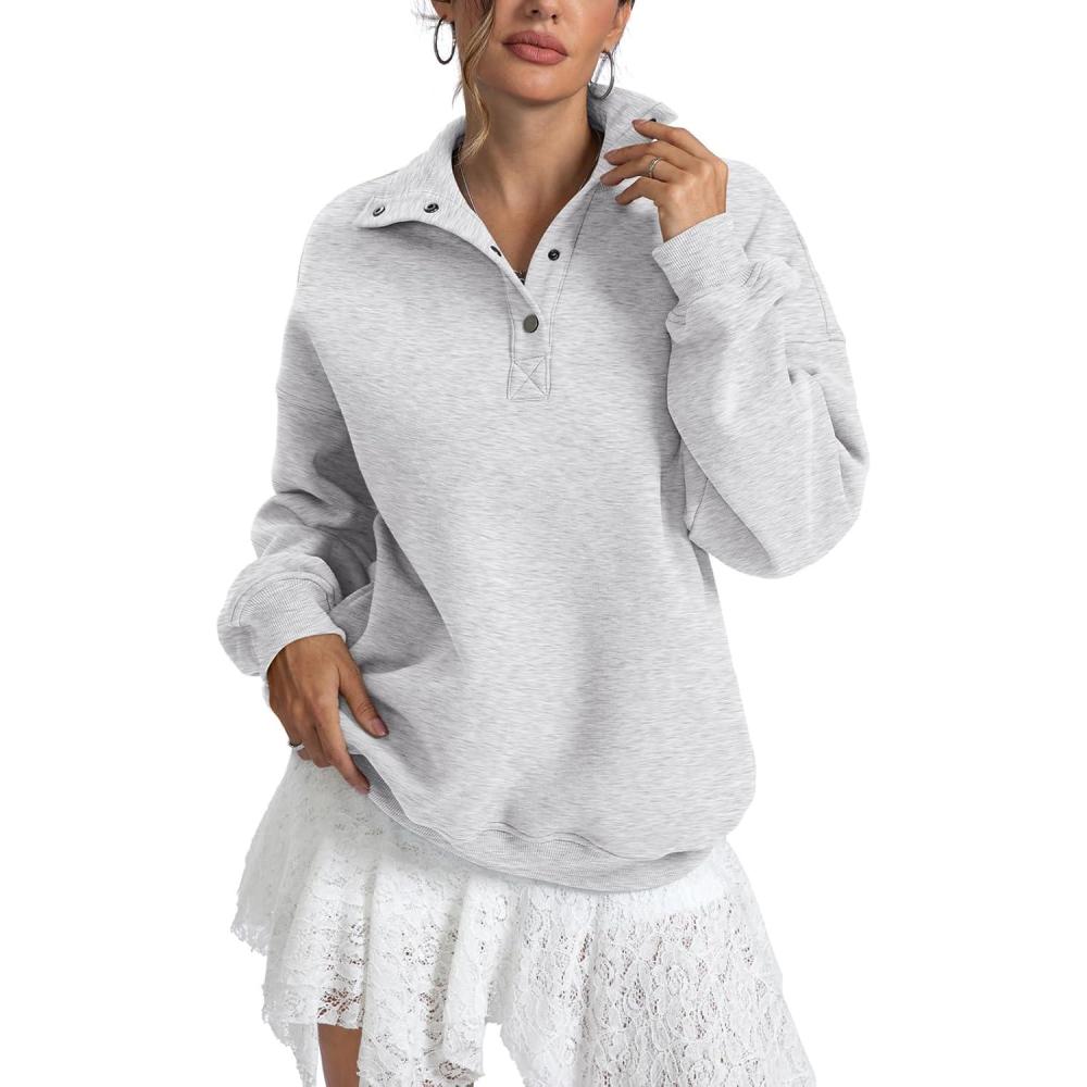 imageWomens Fleece Sweatshirts Oversized Henley Neck Long Sleeve Button Pullover Tops Trendy Outfits Clothes 2026Gray