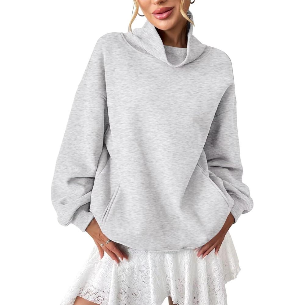 imageWomens Fleece Sweatshirts with Pockets Oversized Turtleneck Pullover Trendy Long Sleeve Tops Fall Fashion ShirtsGrey