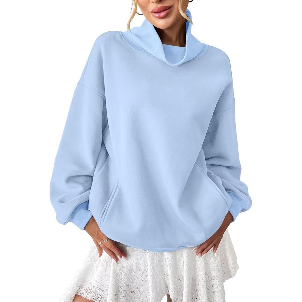 imageWomens Fleece Sweatshirts with Pockets Oversized Turtleneck Pullover Trendy Long Sleeve Tops Fall Fashion ShirtsLight Blue