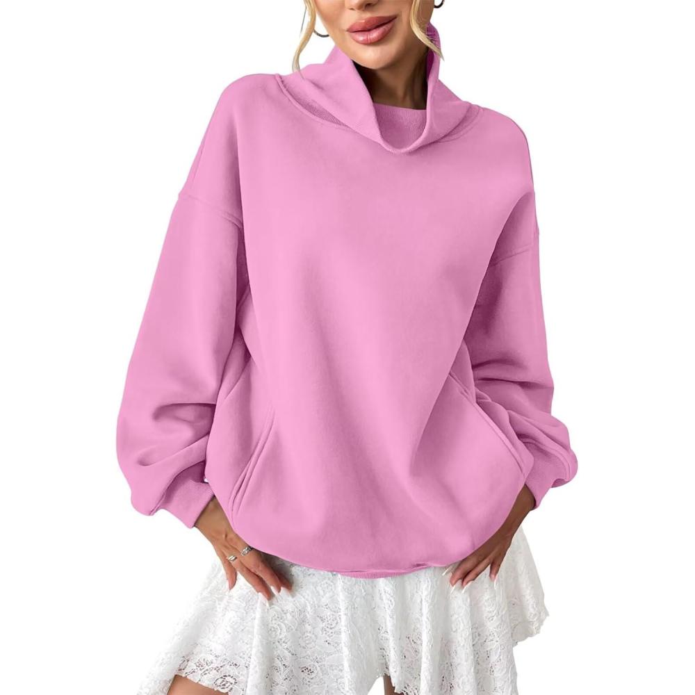 imageWomens Fleece Sweatshirts with Pockets Oversized Turtleneck Pullover Trendy Long Sleeve Tops Fall Fashion ShirtsPink