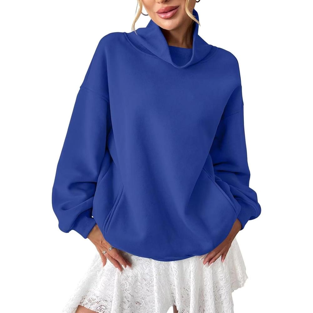imageWomens Fleece Sweatshirts with Pockets Oversized Turtleneck Pullover Trendy Long Sleeve Tops Fall Fashion ShirtsRoyal Blue