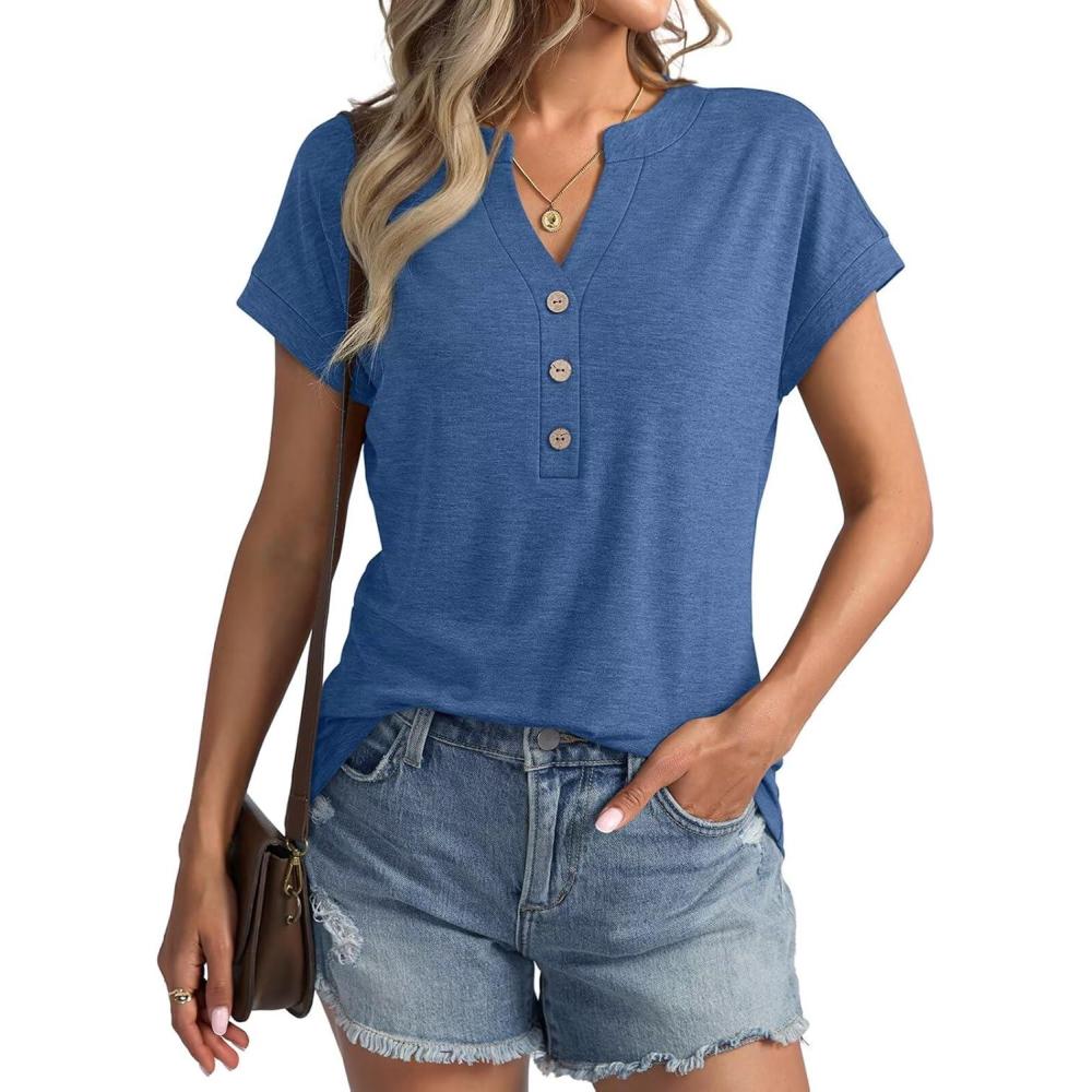 imageWomens V Neck Cap Sleeve Tops Summer Casual Short Sleeve Shirts Loose Fit Basic Work Tee Trendy Clothes 2025Blue