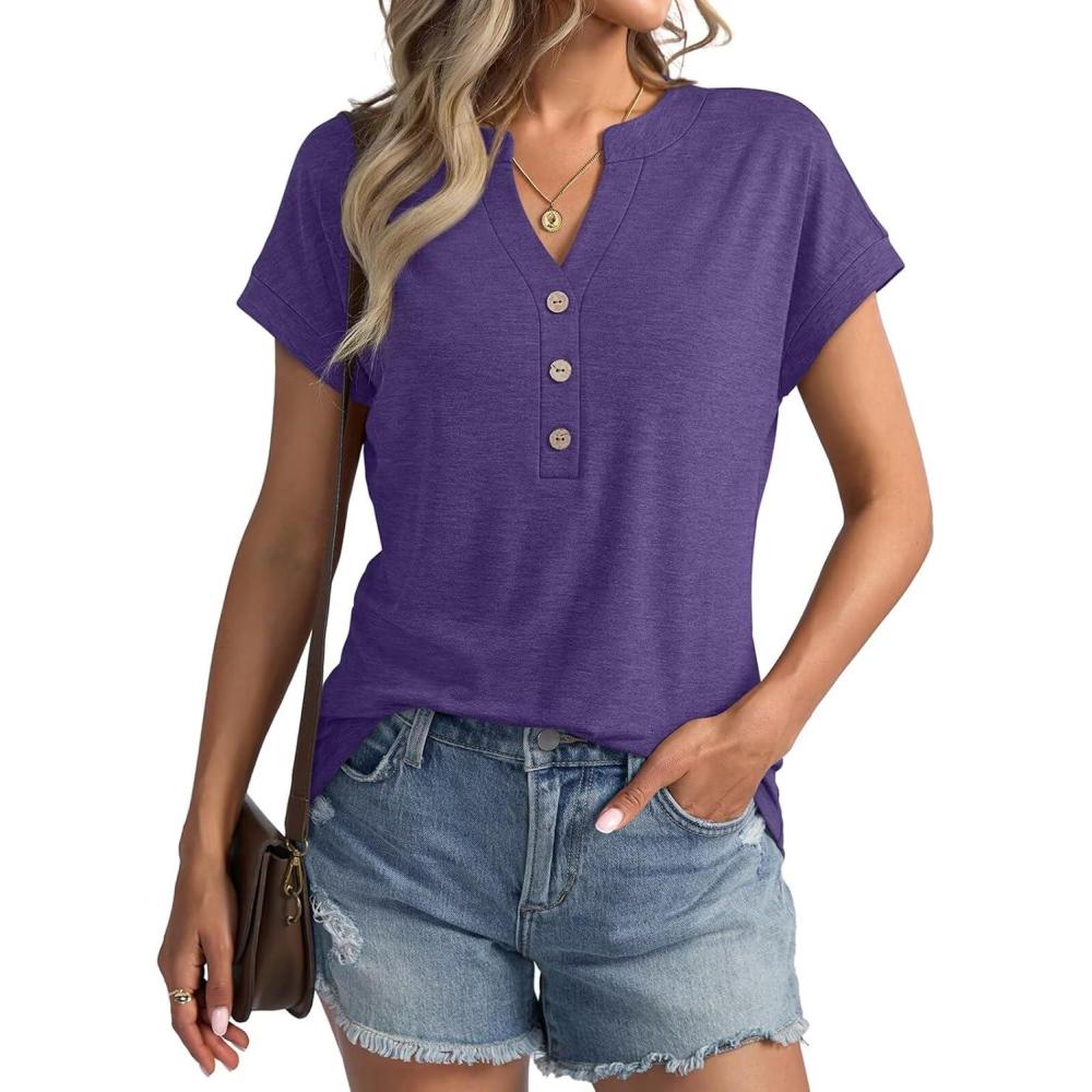 imageWomens V Neck Cap Sleeve Tops Summer Casual Short Sleeve Shirts Loose Fit Basic Work Tee Trendy Clothes 2025Purple