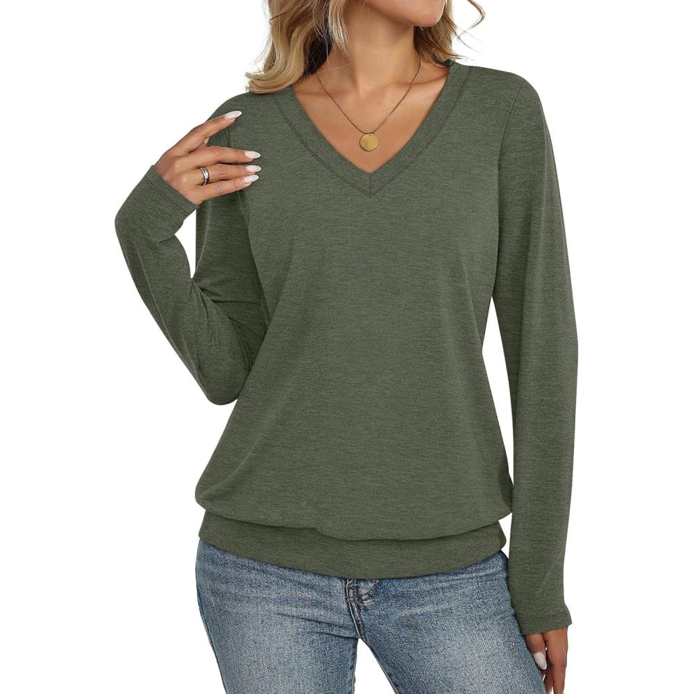 imageWomens V Neck Long Sleeve Shirts Banded Bottom Cute Loose Fit Tops Dressy Casual Outfits for Fall SpringArmy Green