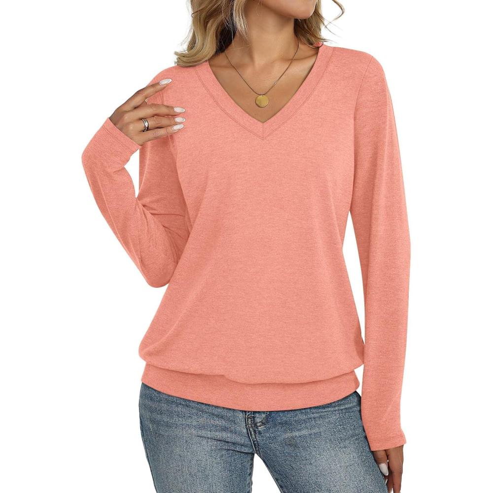 imageWomens V Neck Long Sleeve Shirts Banded Bottom Cute Loose Fit Tops Dressy Casual Outfits for Fall SpringCoral