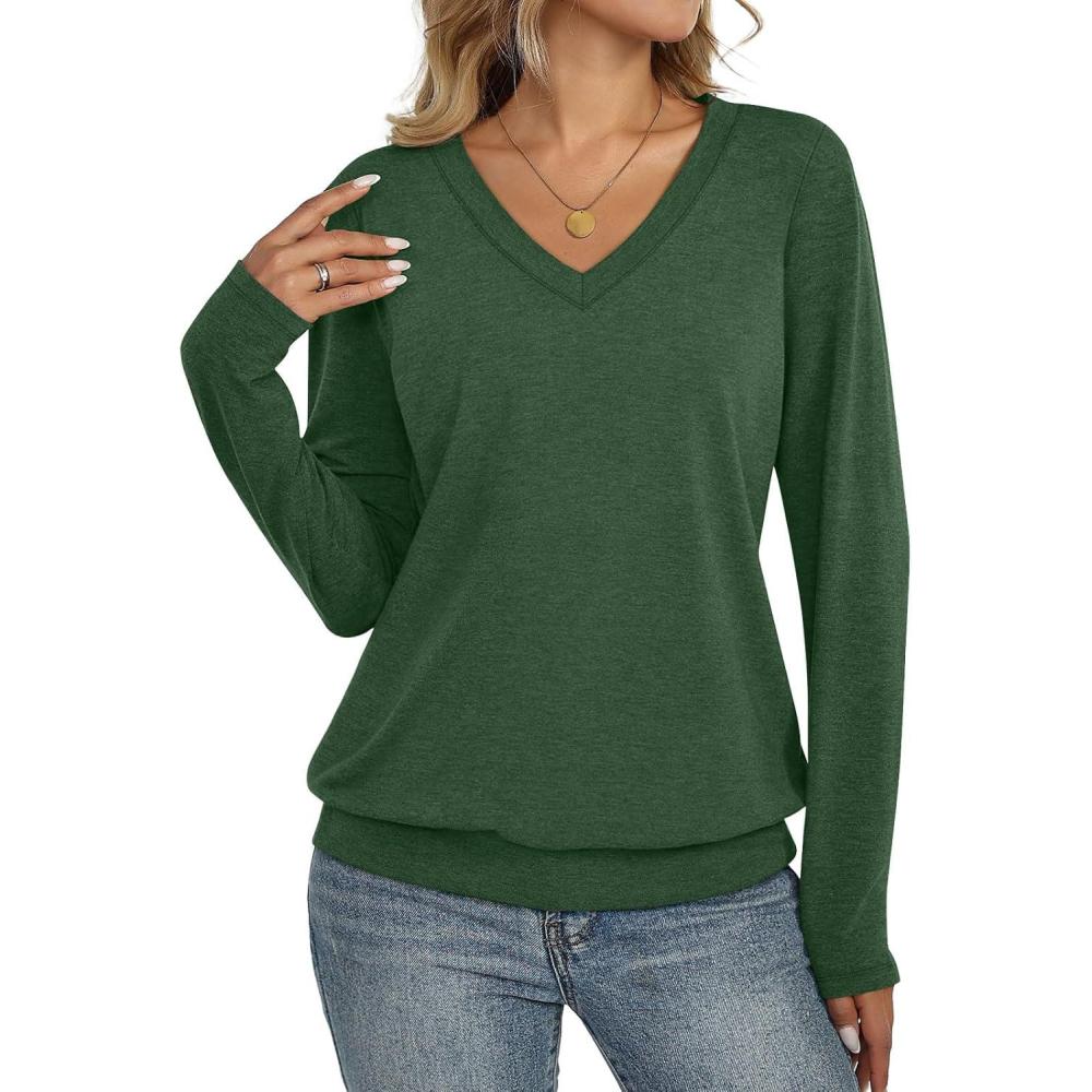 imageWomens V Neck Long Sleeve Shirts Banded Bottom Cute Loose Fit Tops Dressy Casual Outfits for Fall SpringGreen