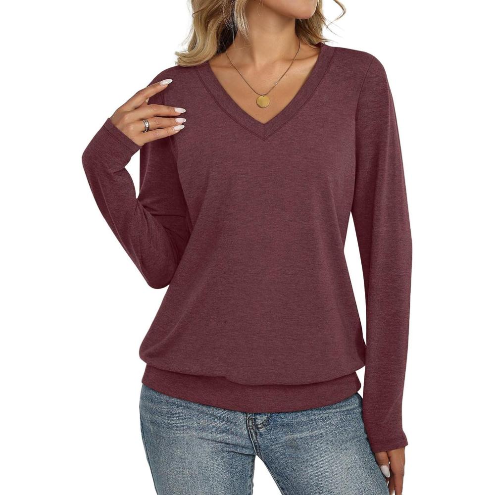 imageWomens V Neck Long Sleeve Shirts Banded Bottom Cute Loose Fit Tops Dressy Casual Outfits for Fall SpringWine Red