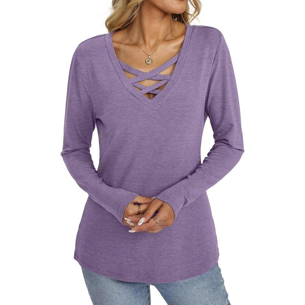 imageWomens V Neck Long Sleeve Shirts Criss Cross Sexy Tops Casual Loose Fit Tee Going Out Fall Fashion Clothes 2025Purple