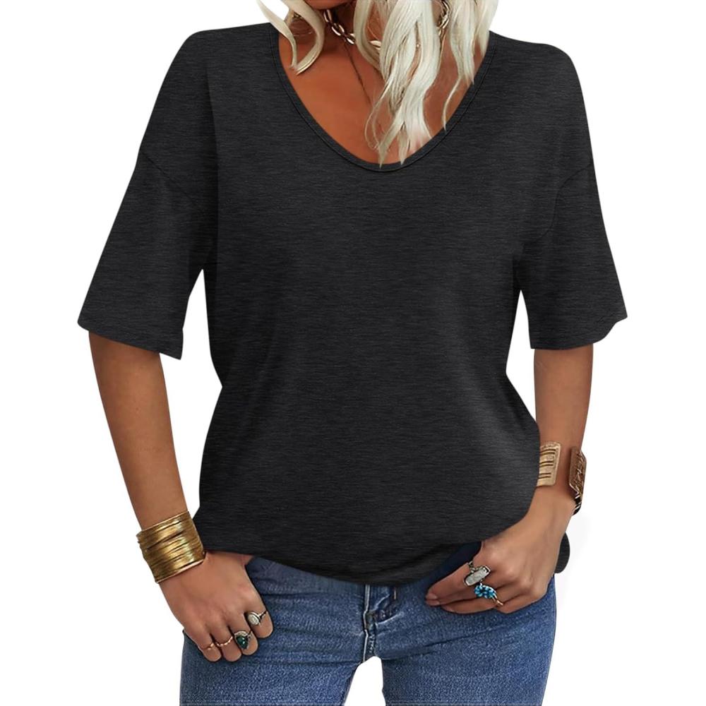 imageWomens V Neck Tops Elbow Length Shirts Loose Fit Summer Tops Basic TeesA Black Elbow Sleeve