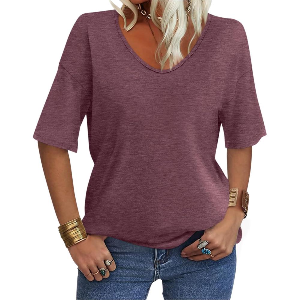 imageWomens V Neck Tops Elbow Length Shirts Loose Fit Summer Tops Basic TeesA Burgundy Elbow Sleeve