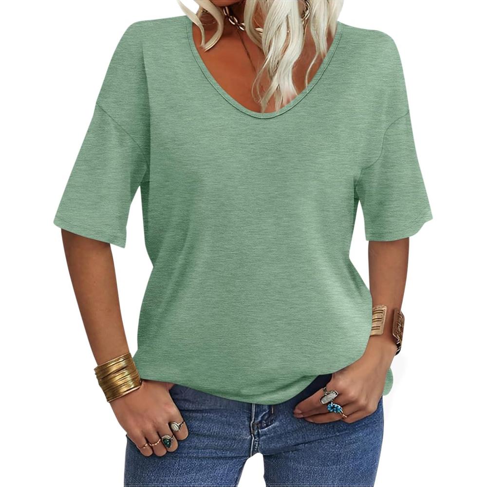 imageWomens V Neck Tops Elbow Length Shirts Loose Fit Summer Tops Basic TeesA Grass Green Elbow Sleeve