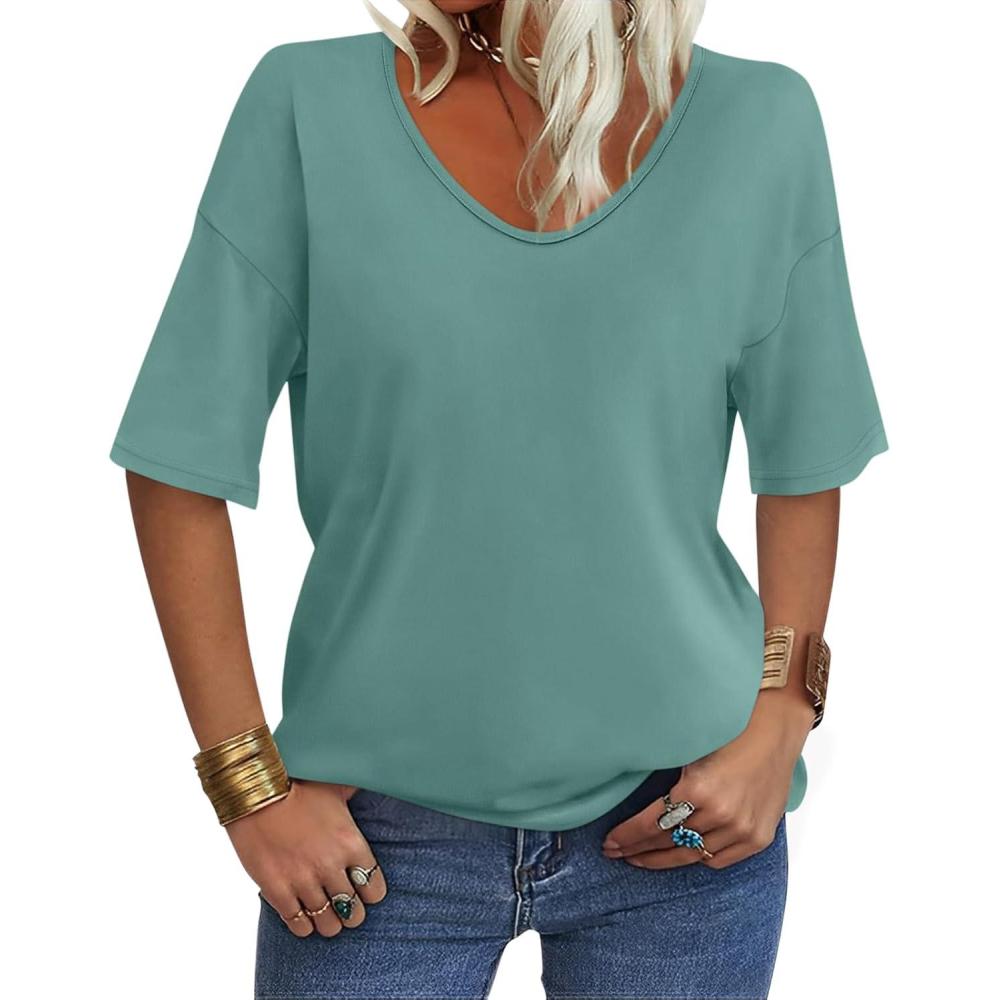 imageWomens V Neck Tops Elbow Length Shirts Loose Fit Summer Tops Basic TeesA Light Green Elbow Sleeve