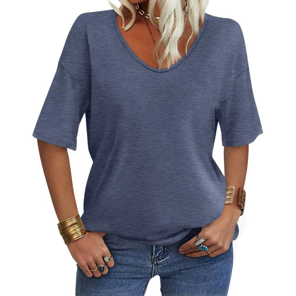 imageWomens V Neck Tops Elbow Length Shirts Loose Fit Summer Tops Basic TeesA Navy Blue Elbow Sleeve