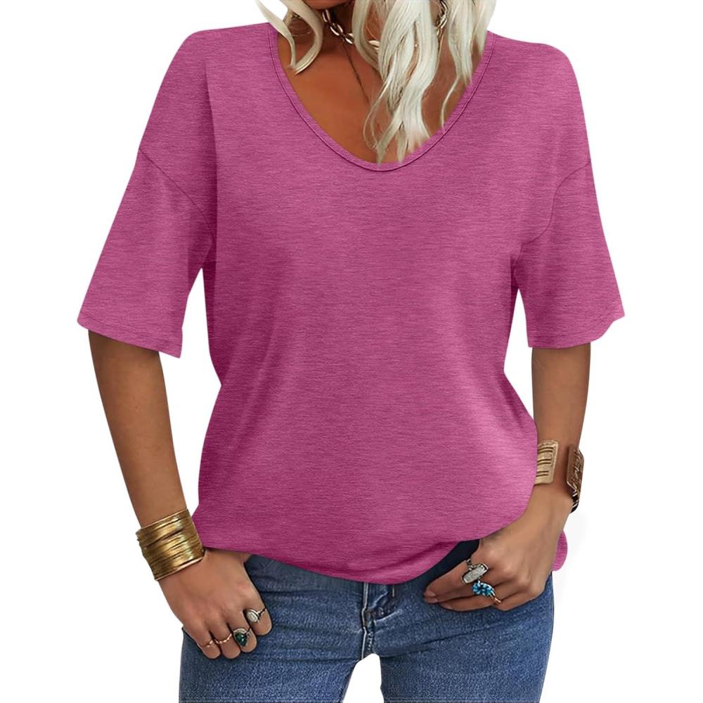 imageWomens V Neck Tops Elbow Length Shirts Loose Fit Summer Tops Basic TeesA Rose Pink Elbow Sleeve