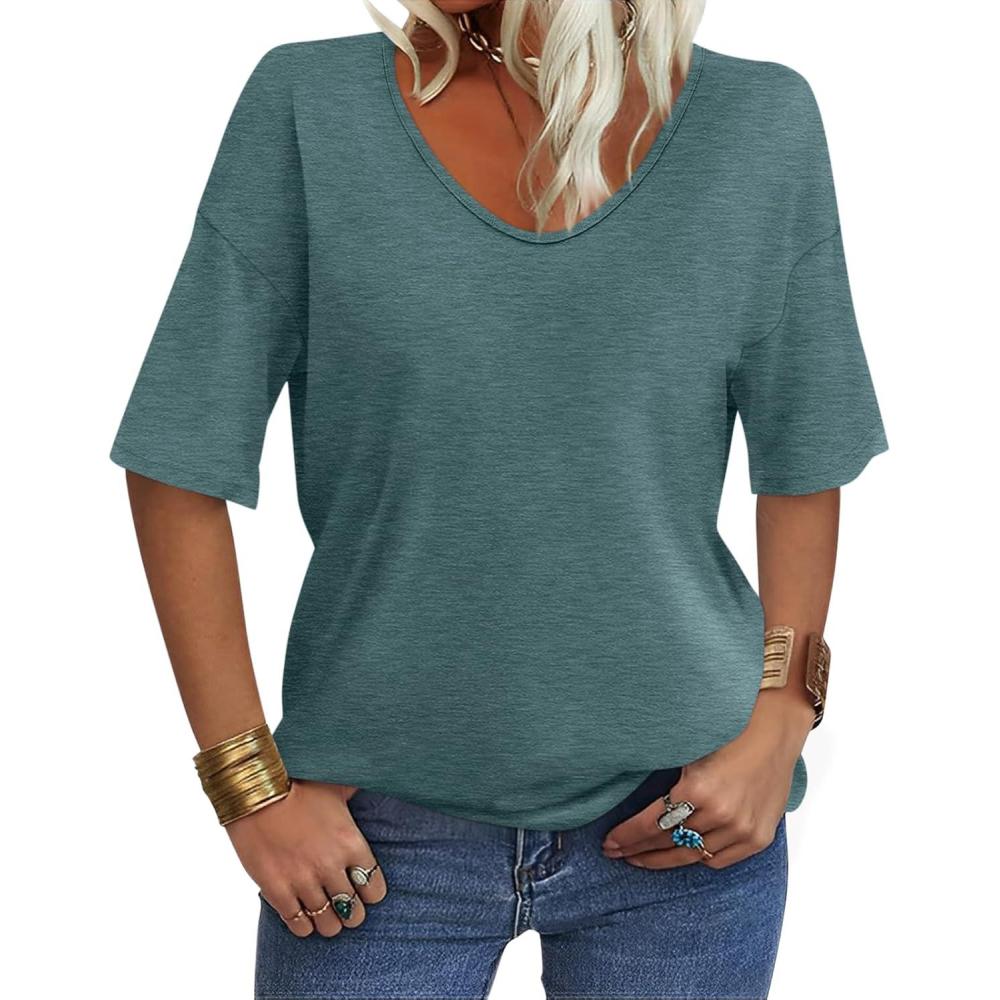 imageWomens V Neck Tops Elbow Length Shirts Loose Fit Summer Tops Basic TeesA Teal Green Elbow Sleeve