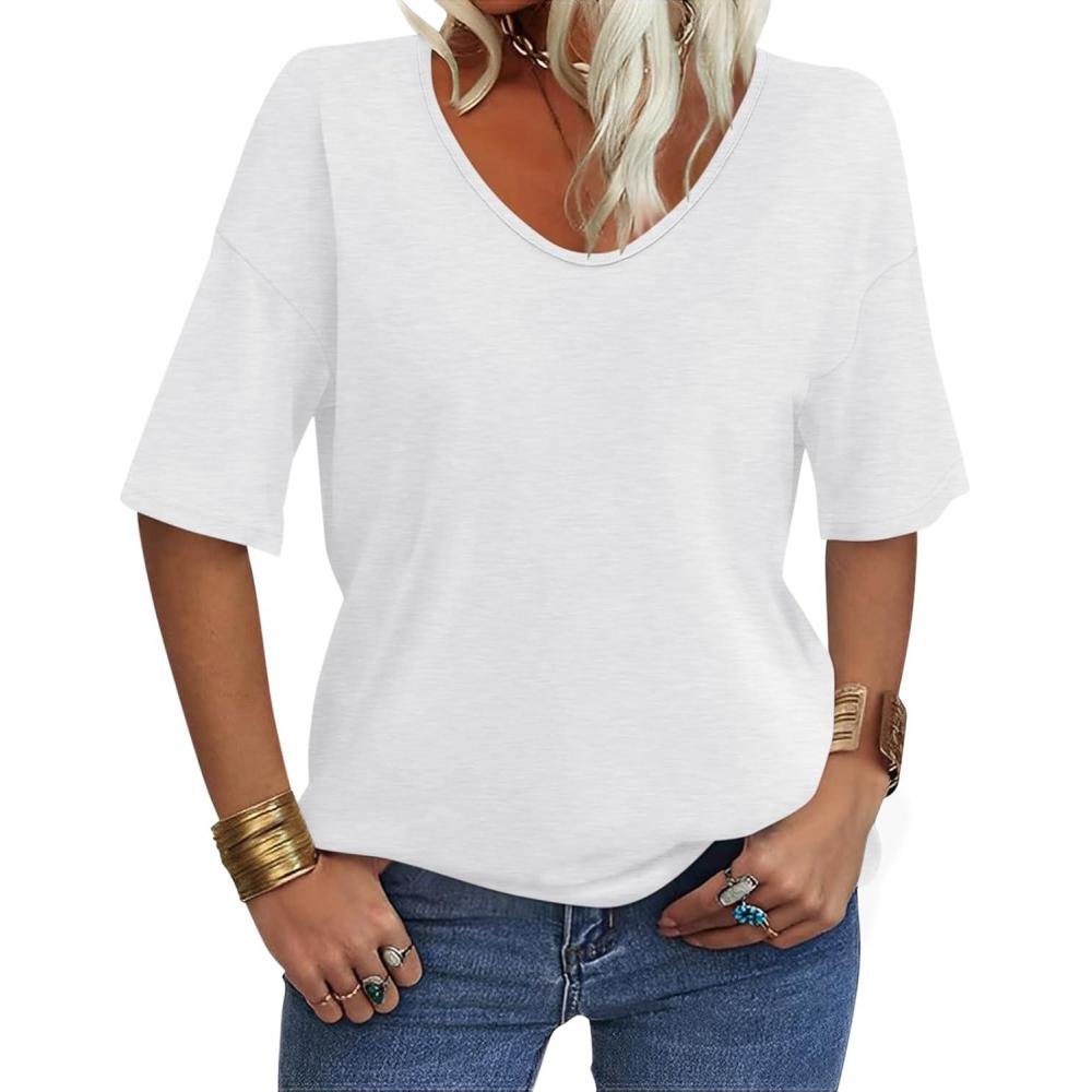 imageWomens V Neck Tops Elbow Length Shirts Loose Fit Summer Tops Basic TeesA White Elbow Sleeve