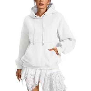 Women Fleece Hoodies with Pocket Oversized Hooded Sweatshirts Trendy Pullover Long Sleeve Top Fall Outfits 2026(White)