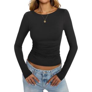 Womens Boat Neck Long Sleeve Shirts Ruched Double Lined Top Fitted Basic Tight Tee Spring Fall Clothes 2025(Black)