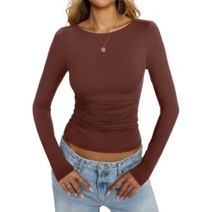 Womens Boat Neck Long Sleeve Shirts Ruched Double Lined Top Fitted Basic Tight Tee Spring Fall Clothes 2025(Brown)