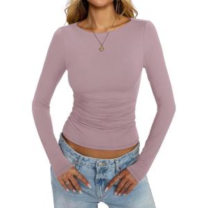 Womens Boat Neck Long Sleeve Shirts Ruched Double Lined Top Fitted Basic Tight Tee Spring Fall Clothes 2025(Dusty Pink)