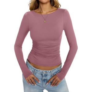 Womens Boat Neck Long Sleeve Shirts Ruched Double Lined Top Fitted Basic Tight Tee Spring Fall Clothes 2025(Merlot)
