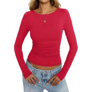 Womens Boat Neck Long Sleeve Shirts Ruched Double Lined Top Fitted Basic Tight Tee Spring Fall Clothes 2025(Red)