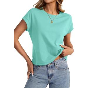 Womens Cap Sleeve Crop Tops Cotton T Shirts Crewneck Loose Fit Short Sleeves Tee Summer Fashion Clothes 2025(A-aqua Green)