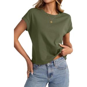 Womens Cap Sleeve Crop Tops Cotton T Shirts Crewneck Loose Fit Short Sleeves Tee Summer Fashion Clothes 2025(A-army Green)