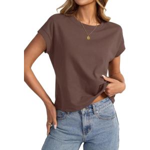 Womens Cap Sleeve Crop Tops Cotton T Shirts Crewneck Loose Fit Short Sleeves Tee Summer Fashion Clothes 2025(A-brown)