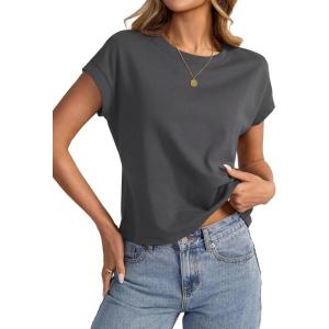 Womens Cap Sleeve Crop Tops Cotton T Shirts Crewneck Loose Fit Short Sleeves Tee Summer Fashion Clothes 2025(A-charcoal Black)