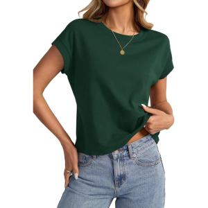 Womens Cap Sleeve Crop Tops Cotton T Shirts Crewneck Loose Fit Short Sleeves Tee Summer Fashion Clothes 2025(A-deep Green)