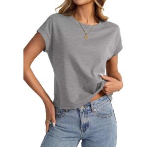 Womens Cap Sleeve Crop Tops Cotton T Shirts Crewneck Loose Fit Short Sleeves Tee Summer Fashion Clothes 2025(A-deep Grey)