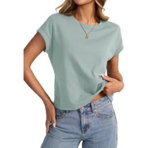 Womens Cap Sleeve Crop Tops Cotton T Shirts Crewneck Loose Fit Short Sleeves Tee Summer Fashion Clothes 2025(A-green)
