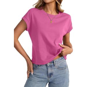 Womens Cap Sleeve Crop Tops Cotton T Shirts Crewneck Loose Fit Short Sleeves Tee Summer Fashion Clothes 2025(A-hot Pink)