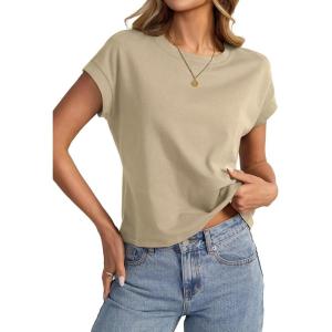 Womens Cap Sleeve Crop Tops Cotton T Shirts Crewneck Loose Fit Short Sleeves Tee Summer Fashion Clothes 2025(A-khaki)