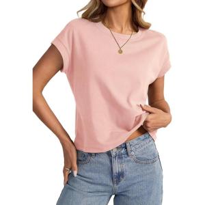 Womens Cap Sleeve Crop Tops Cotton T Shirts Crewneck Loose Fit Short Sleeves Tee Summer Fashion Clothes 2025(A-light Pink)