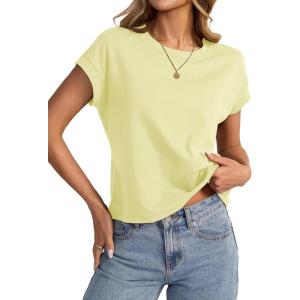 Womens Cap Sleeve Crop Tops Cotton T Shirts Crewneck Loose Fit Short Sleeves Tee Summer Fashion Clothes 2025(A-light Yellow)